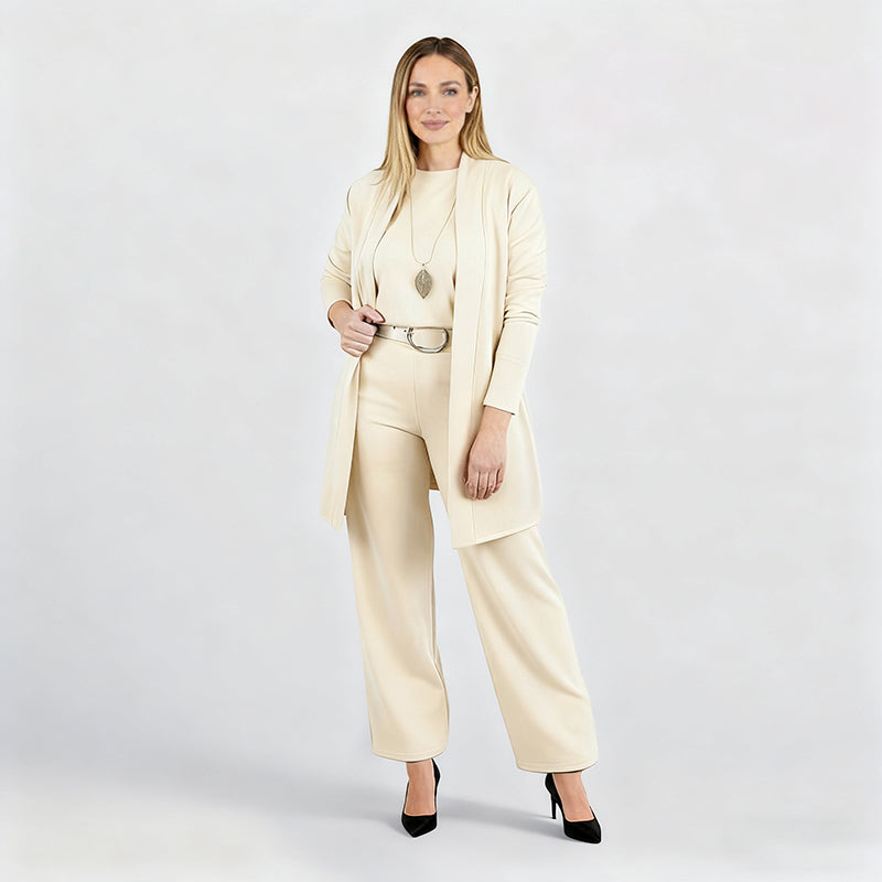Elena – Ensemble élégant femme 3 pièces (veste, haut et pantalon)